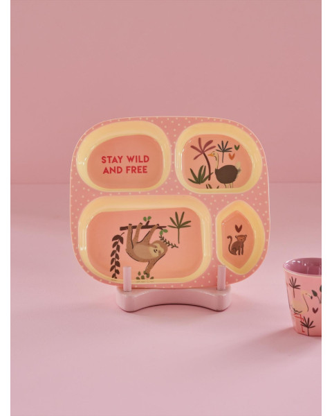 Rice Melamine Kids 4 Room Plate with Pink Jungle Animals Print