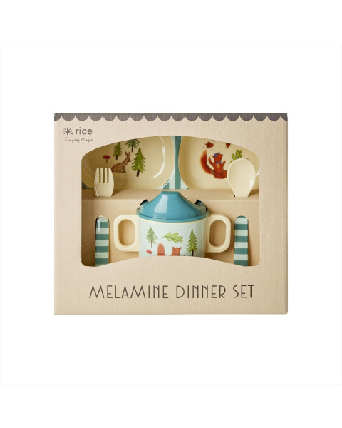Rice Melamine Baby Dinner Set in Gift Box - Blue Happy Forest Print