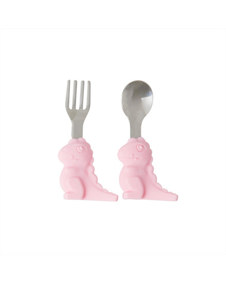 Rice Stainless Steel Kids Cutlery with Dino Handle - Pink