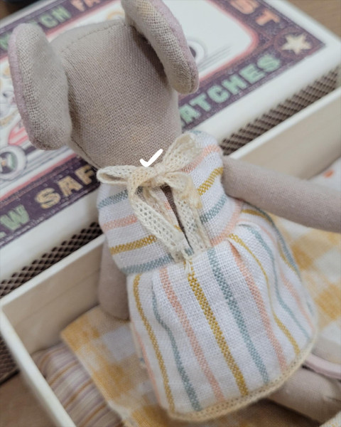 Imperfect Maileg Big Sister Mouse in Matchbox - Multi Stripes