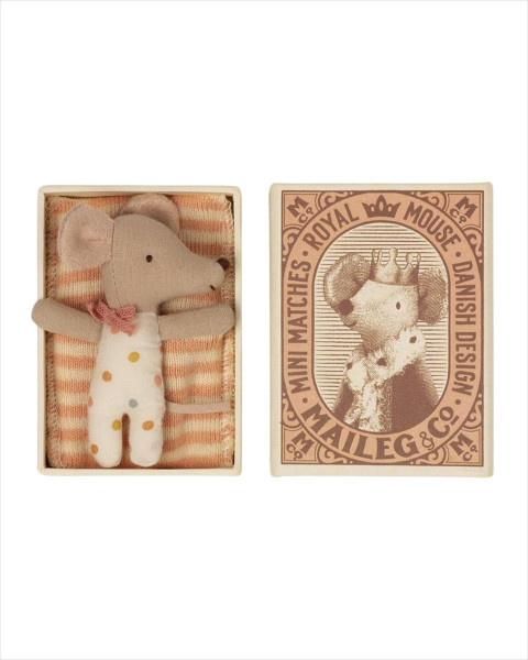 Imperfect Maileg Baby Mouse, Sleepy/Wakey in Matchbox Girl Multi Dot