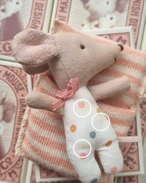 Imperfect Maileg Baby Mouse, Sleepy/Wakey in Matchbox Girl Multi Dot
