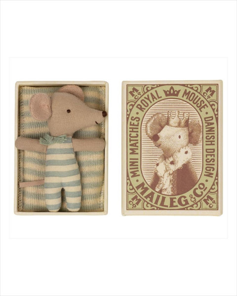 Imperfect Maileg Baby Mouse, Sleepy/Wakey in Matchbox Dusty Blue