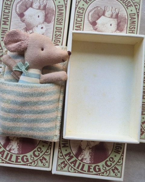 Imperfect Maileg Baby Mouse, Sleepy/Wakey in Matchbox Dusty Blue