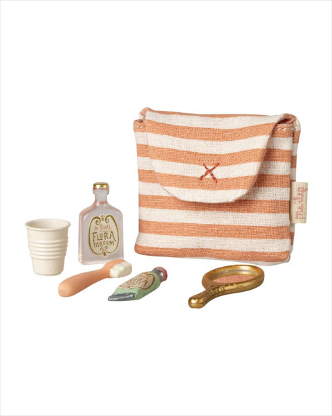 Maileg Toothbrush Set in Bag, Mouse - Coral Stripe